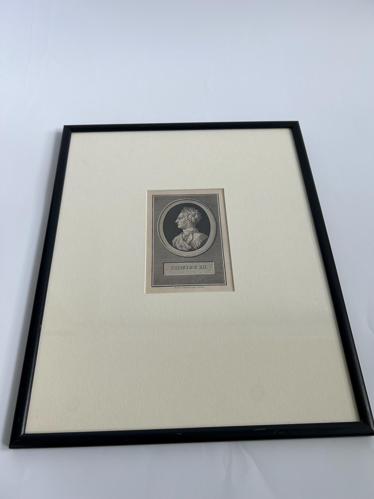 Antique Augustin Saint-Aubin Charles XII Engraving Framed Voltaire