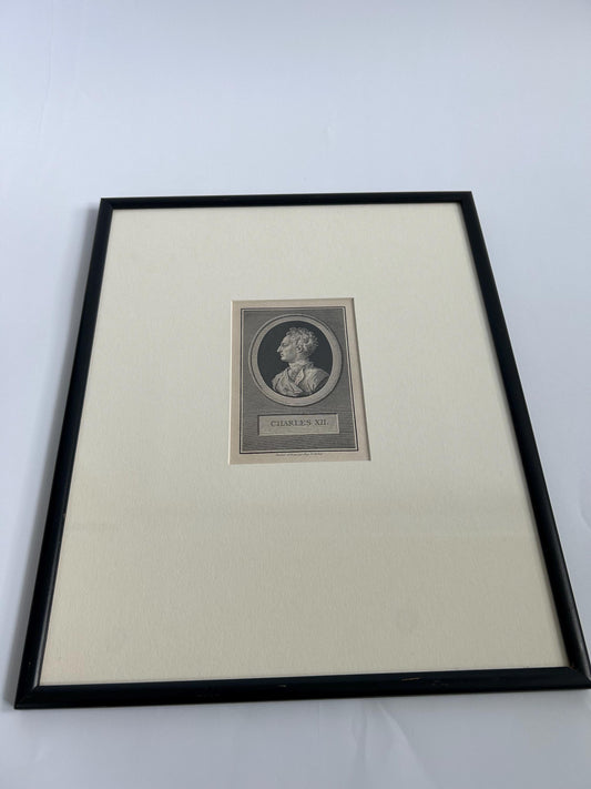 Antique Augustin Saint-Aubin Charles XII Engraving Framed Voltaire
