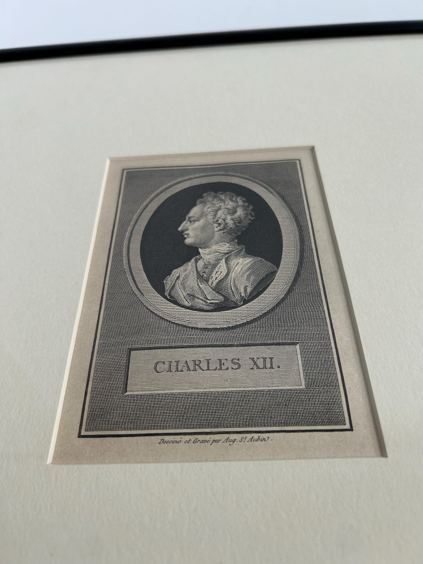Antique Augustin Saint-Aubin Charles XII Engraving Framed Voltaire