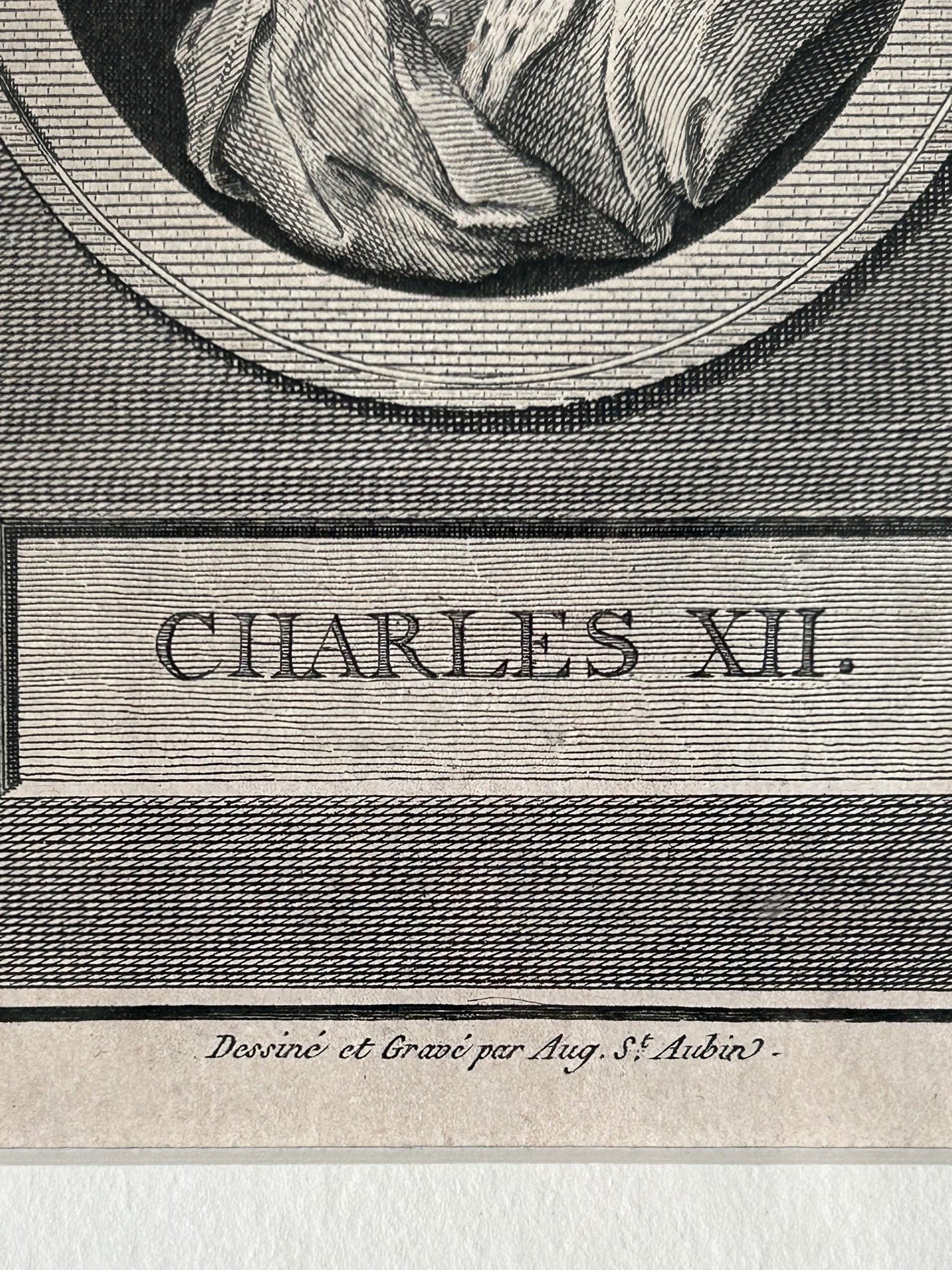Antique Augustin Saint-Aubin Charles XII Engraving Framed Voltaire