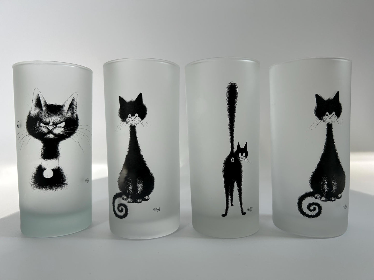 Albert Dubout Cat Highball Glasses, Frosted Tumbler, Editions Clouet France, French Cartoonist Black Cat Barware, Cat Lover Gift