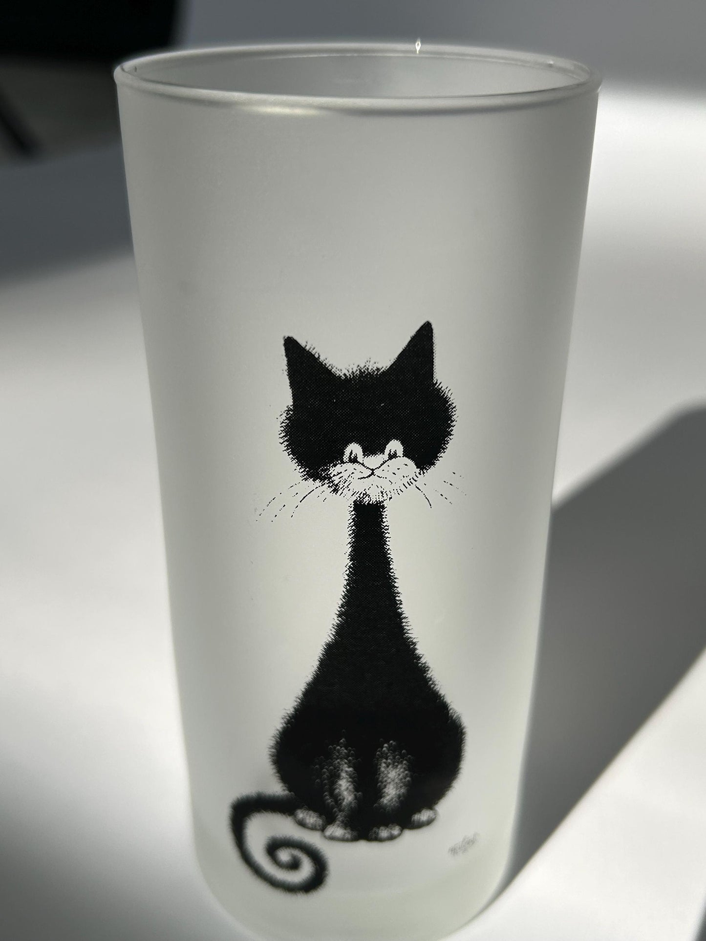 Albert Dubout Cat Highball Glasses, Frosted Tumbler, Editions Clouet France, French Cartoonist Black Cat Barware, Cat Lover Gift