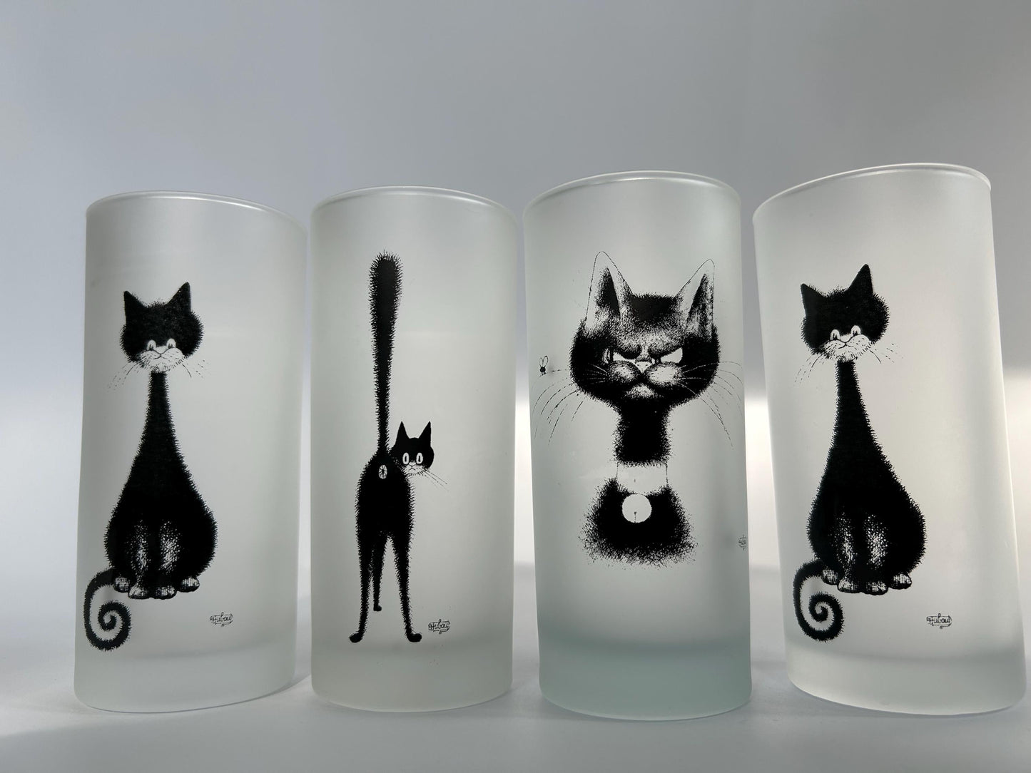 Albert Dubout Cat Highball Glasses, Frosted Tumbler, Editions Clouet France, French Cartoonist Black Cat Barware, Cat Lover Gift