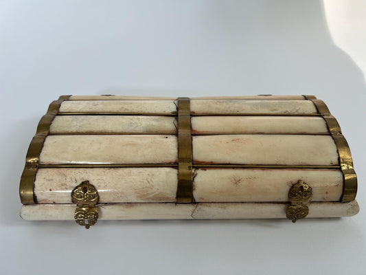 Large Vintage Bone Inlay Box - 11" Brass Bound Keepsake Chest - Moorish Style Jewelry Casket - Mid-Century Artisanal Home Decor Statement