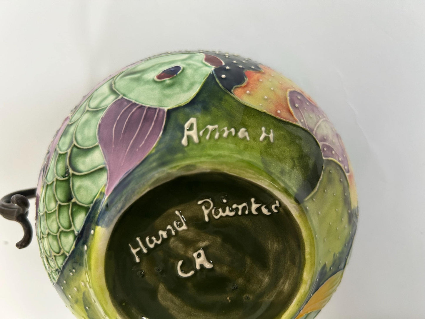Anna H Handmade Studio Pottery Bowl - Original Underwater Koi Fish & Lily Pad Design - Raised Glaze Ceramic Art - Small Artisan Serving Bowl