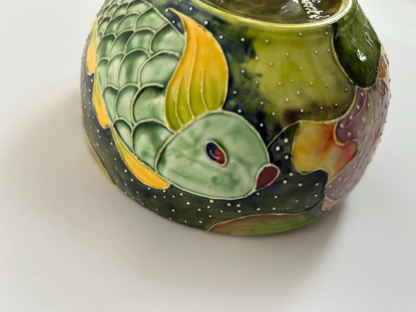 Anna H Handmade Studio Pottery Bowl - Original Underwater Koi Fish & Lily Pad Design - Raised Glaze Ceramic Art - Small Artisan Serving Bowl