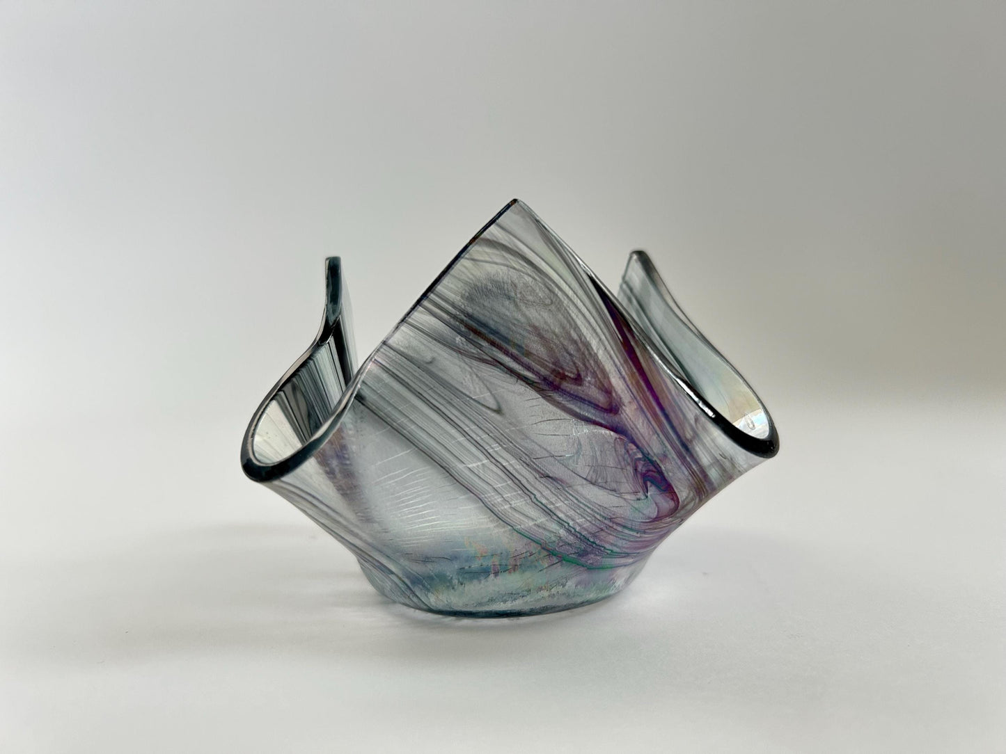 Signed Studio Art Glass Iridescent Ruffled Bowl - Dated 1999 - Hand Blown Smoky Rainbow Catchall - Unique Wavy Edge Decorative Dish