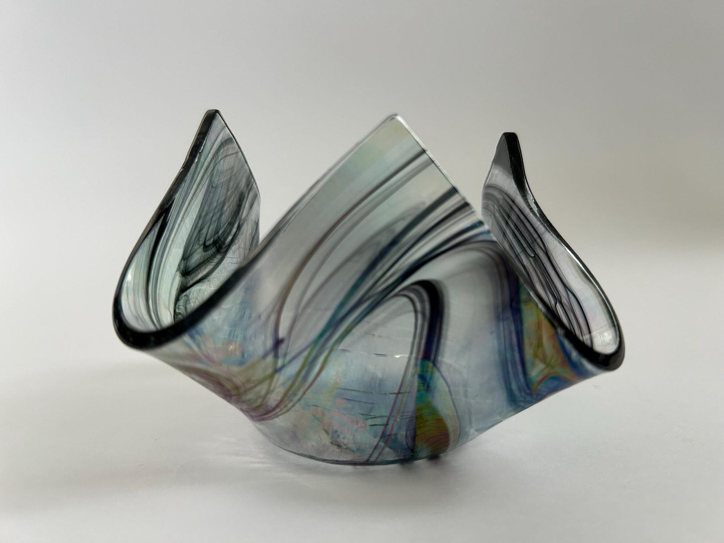 Signed Studio Art Glass Iridescent Ruffled Bowl - Dated 1999 - Hand Blown Smoky Rainbow Catchall - Unique Wavy Edge Decorative Dish