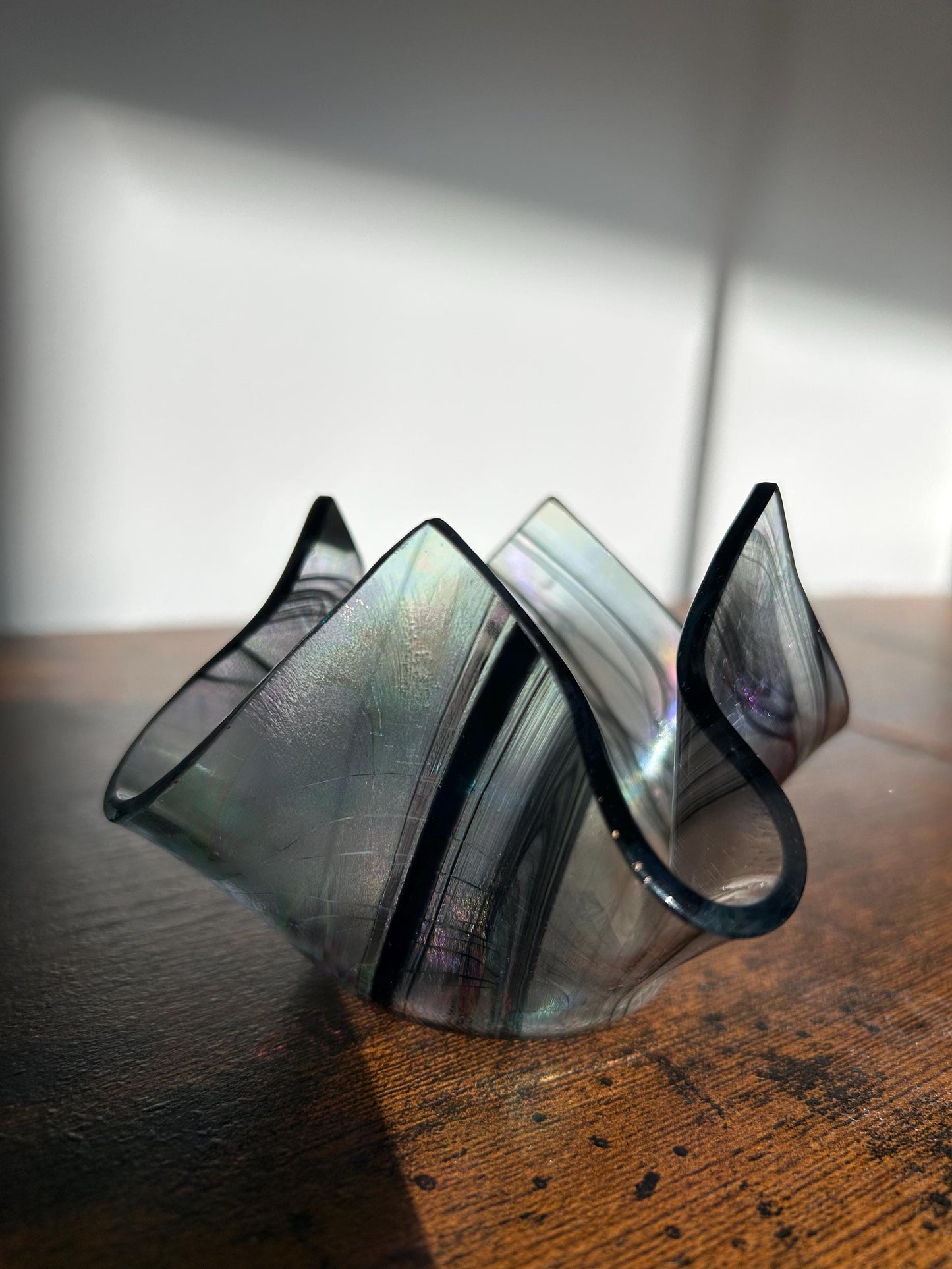 Signed Studio Art Glass Iridescent Ruffled Bowl - Dated 1999 - Hand Blown Smoky Rainbow Catchall - Unique Wavy Edge Decorative Dish