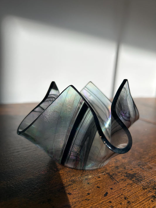 Signed Studio Art Glass Iridescent Ruffled Bowl - Dated 1999 - Hand Blown Smoky Rainbow Catchall - Unique Wavy Edge Decorative Dish