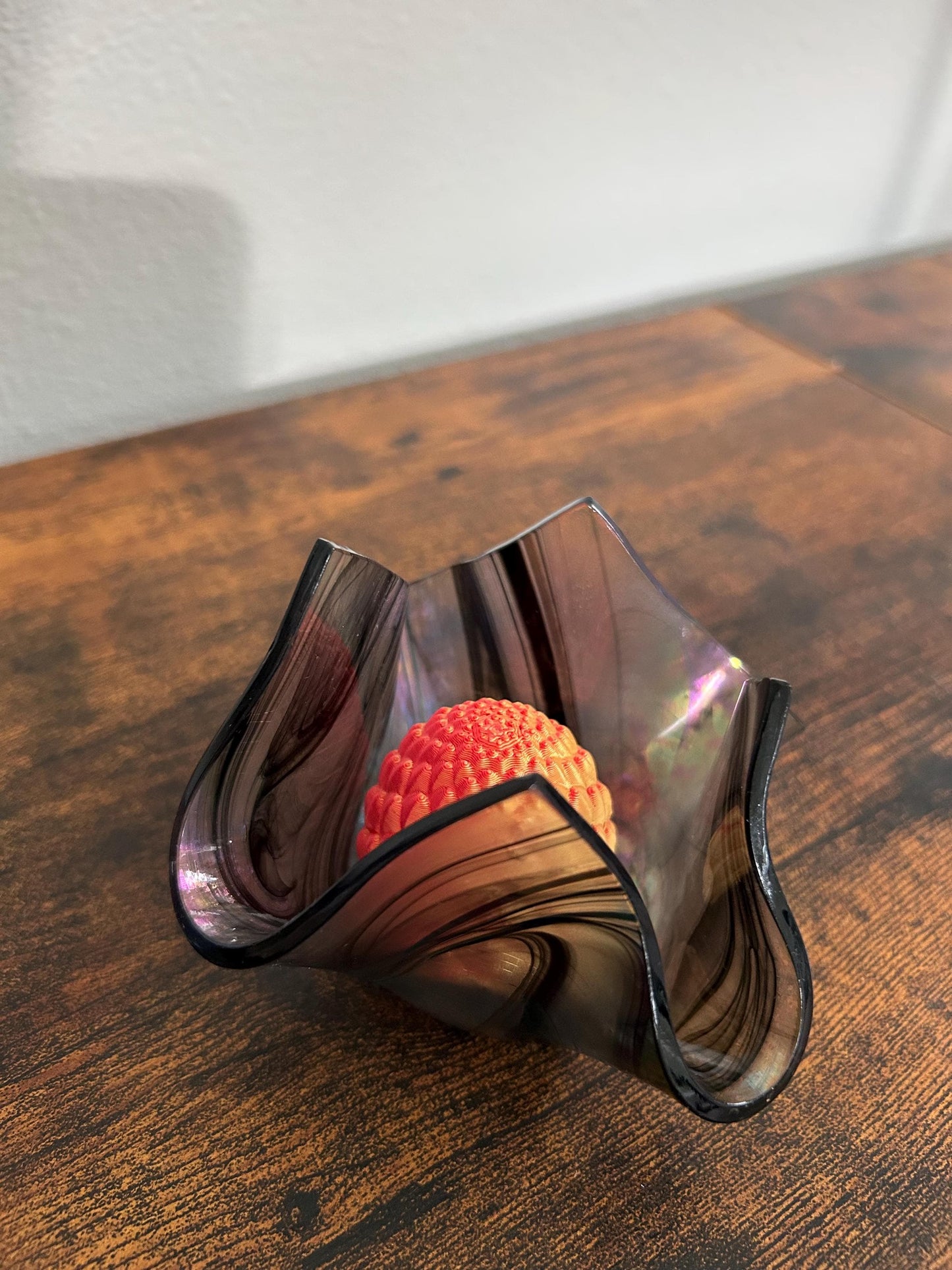 Signed Studio Art Glass Iridescent Ruffled Bowl - Dated 1999 - Hand Blown Smoky Rainbow Catchall - Unique Wavy Edge Decorative Dish