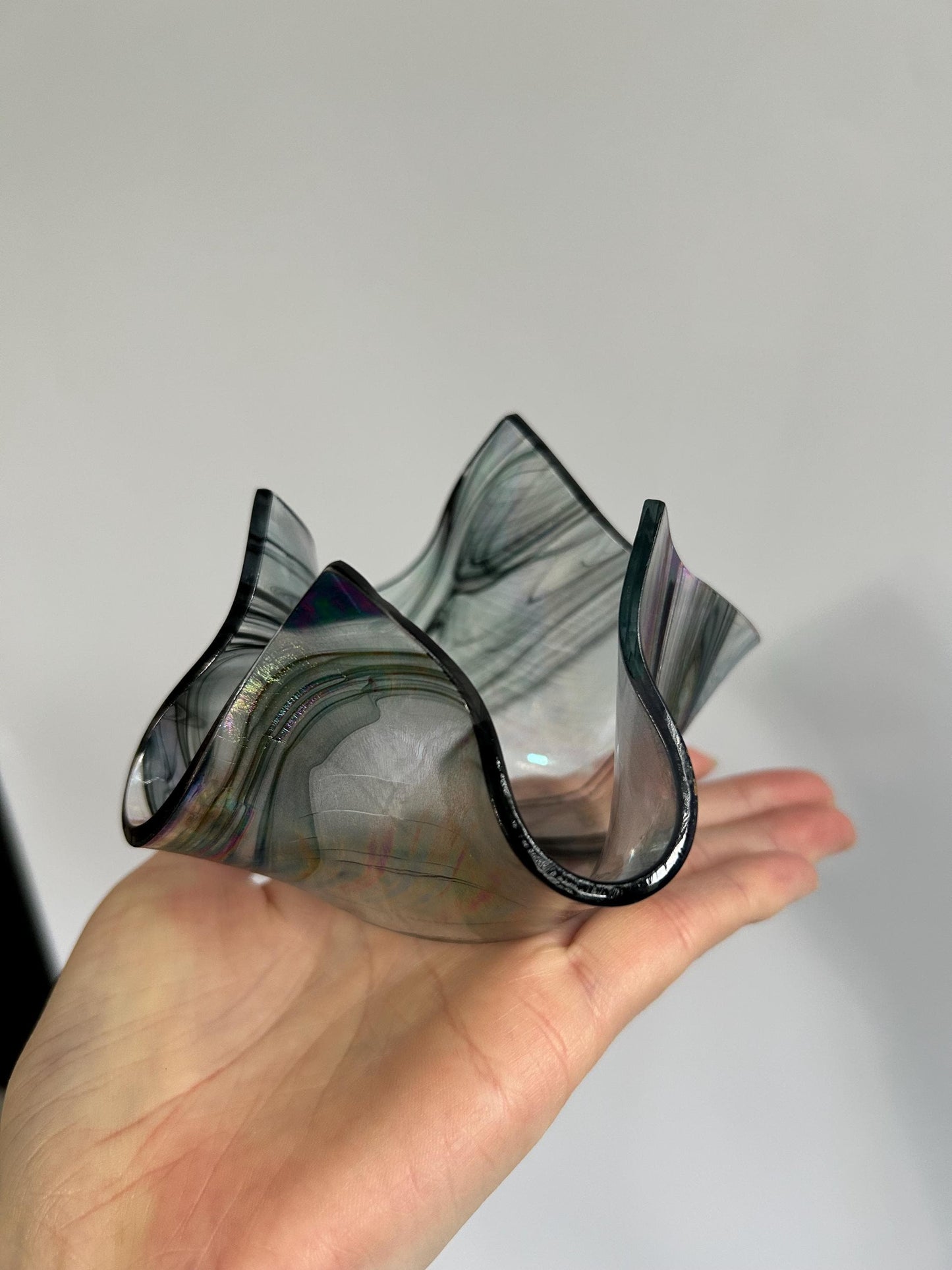 Signed Studio Art Glass Iridescent Ruffled Bowl - Dated 1999 - Hand Blown Smoky Rainbow Catchall - Unique Wavy Edge Decorative Dish