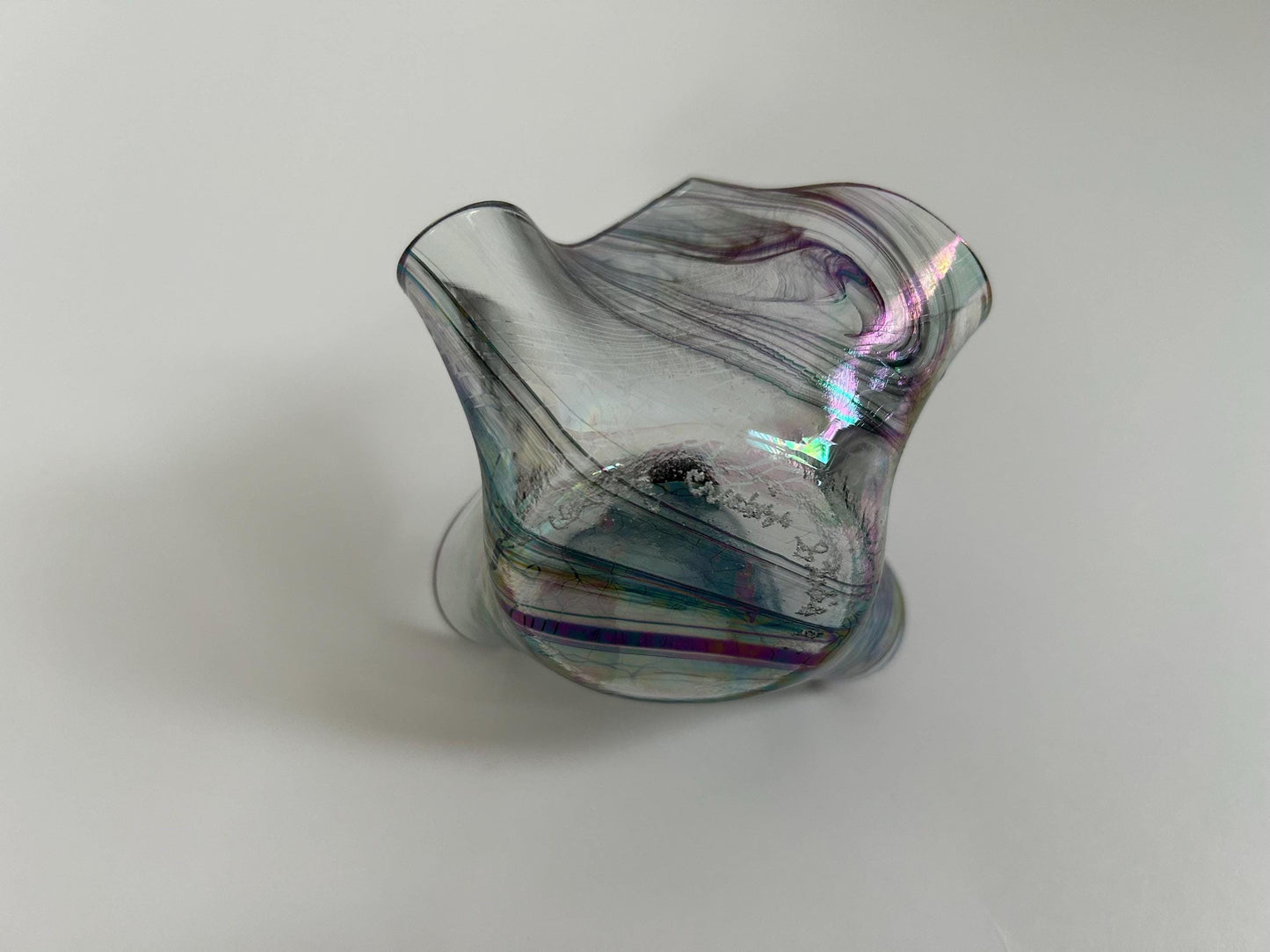 Signed Studio Art Glass Iridescent Ruffled Bowl - Dated 1999 - Hand Blown Smoky Rainbow Catchall - Unique Wavy Edge Decorative Dish