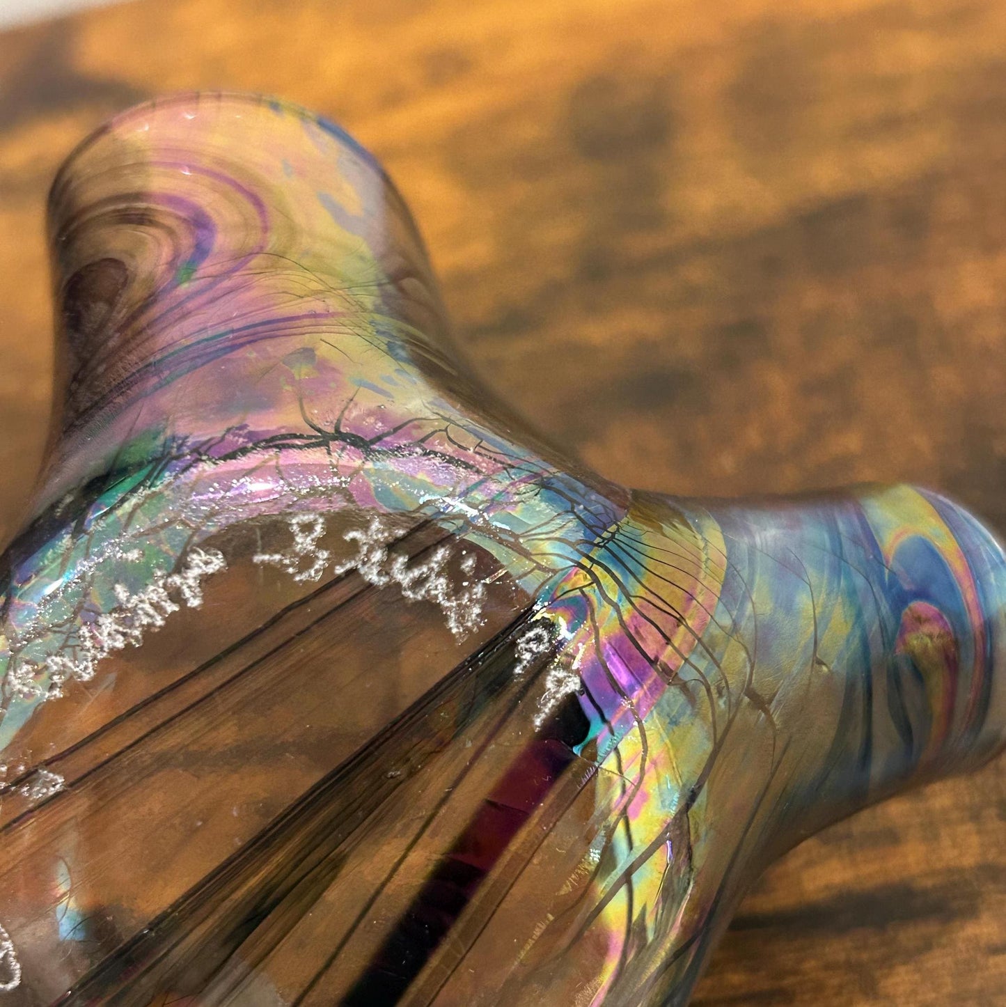 Signed Studio Art Glass Iridescent Ruffled Bowl - Dated 1999 - Hand Blown Smoky Rainbow Catchall - Unique Wavy Edge Decorative Dish