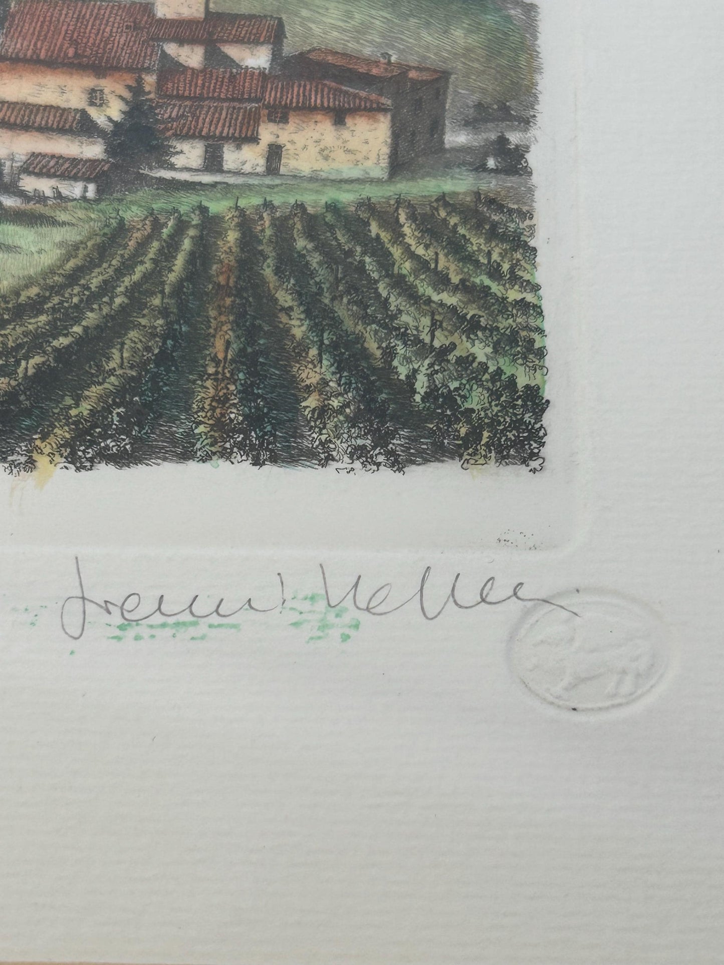 Gianni Raffaelli Signed Italian Landscape Etching - Hand-Colored Limited Edition 81/450-Framed & Matted Tuscany Vineyard Art-Florence Artist