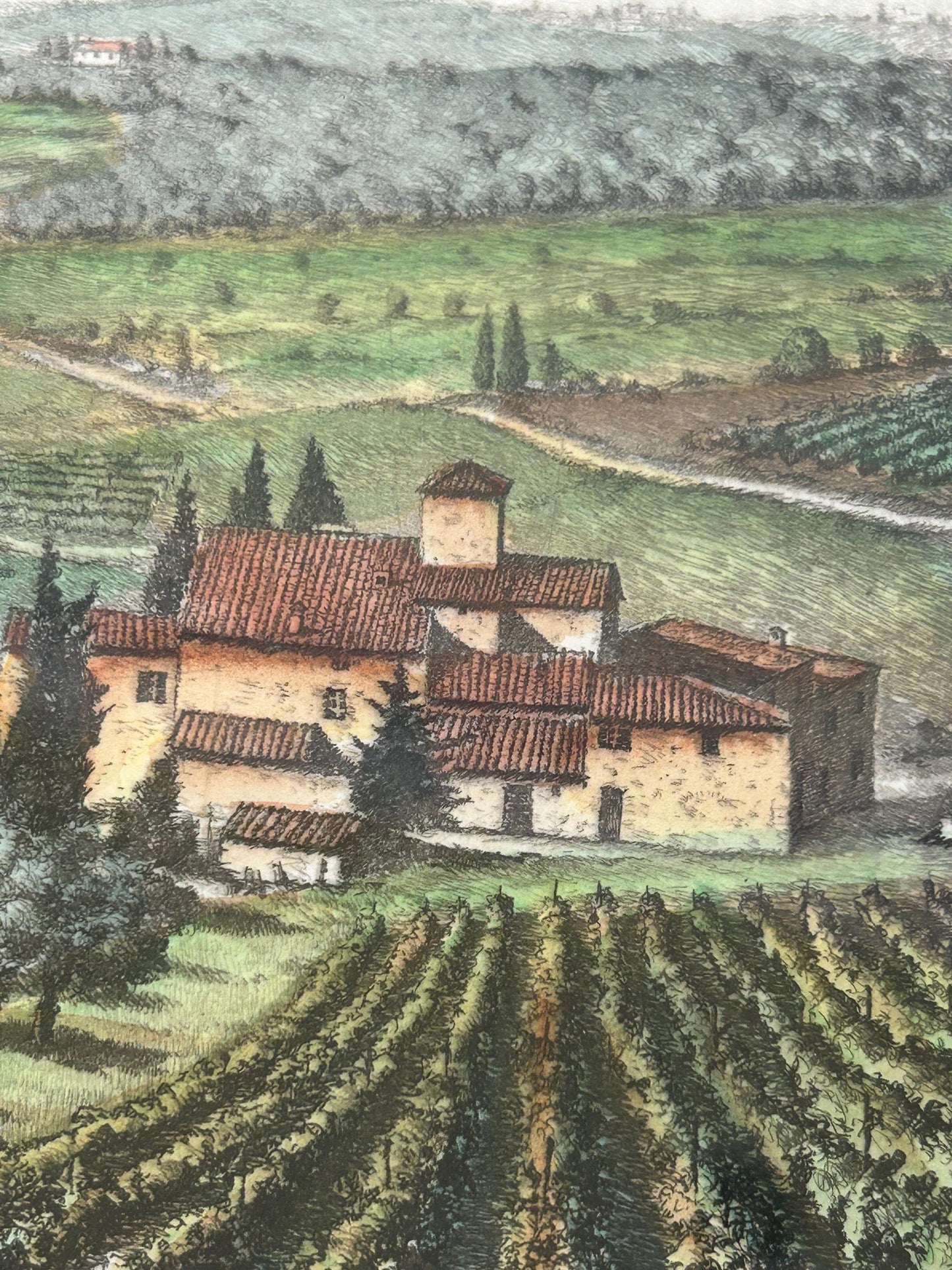 Gianni Raffaelli Signed Italian Landscape Etching - Hand-Colored Limited Edition 81/450-Framed & Matted Tuscany Vineyard Art-Florence Artist