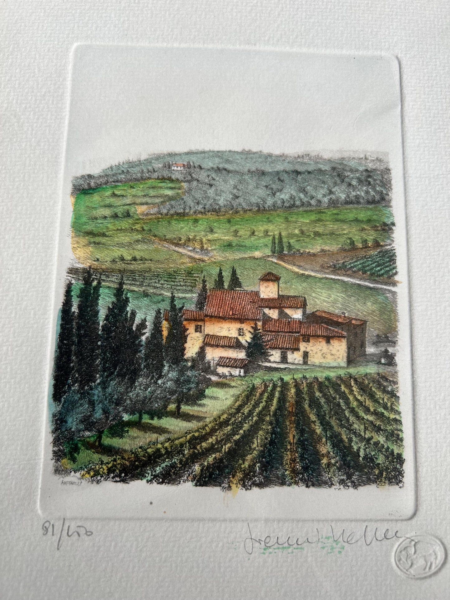 Gianni Raffaelli Signed Italian Landscape Etching - Hand-Colored Limited Edition 81/450-Framed & Matted Tuscany Vineyard Art-Florence Artist