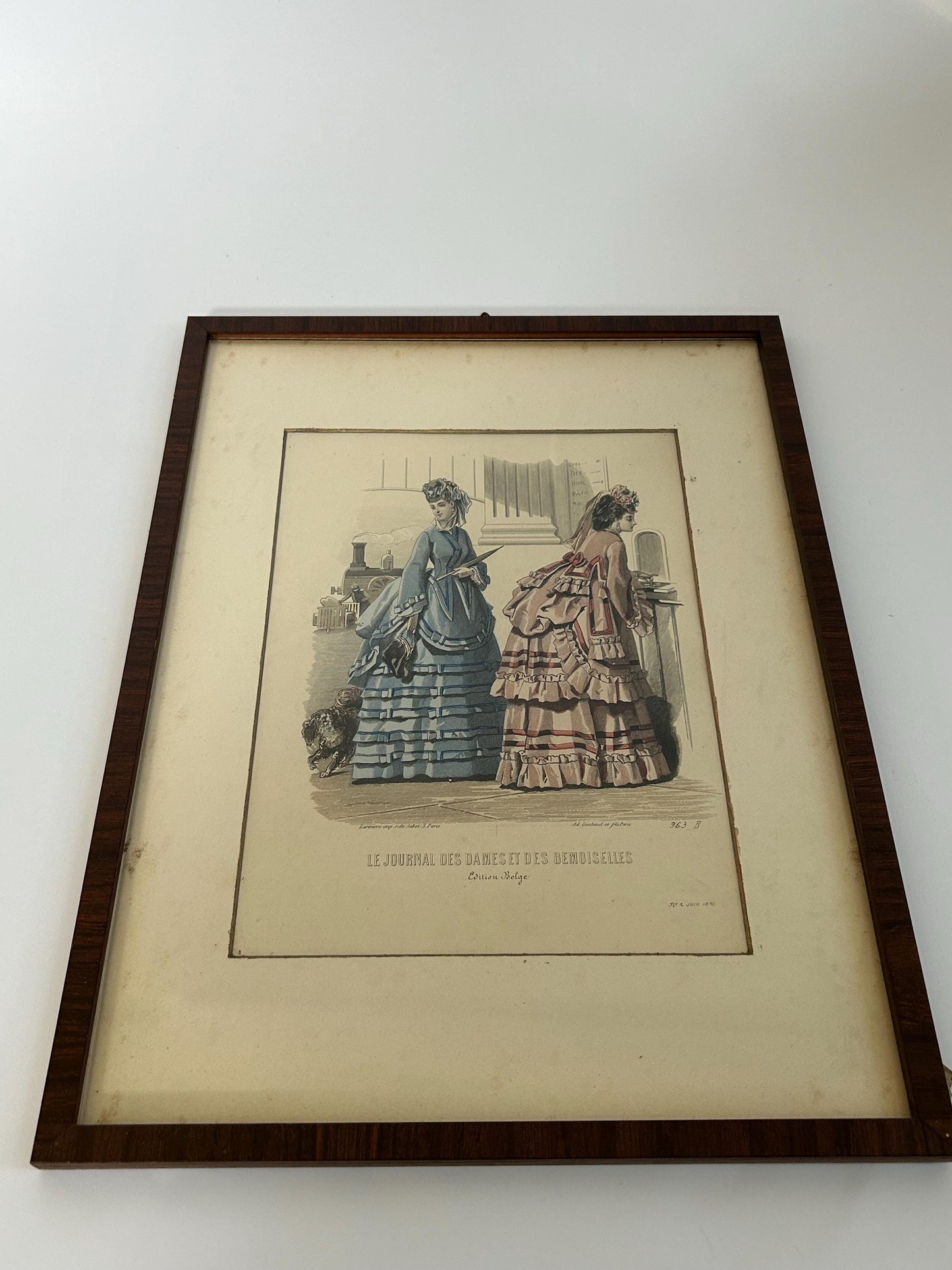Antique 1870 French Fashion Plate, Train Station Scene, Hand Colored Engraving, Journal des Dames Edition Belge, Framed Victorian Art