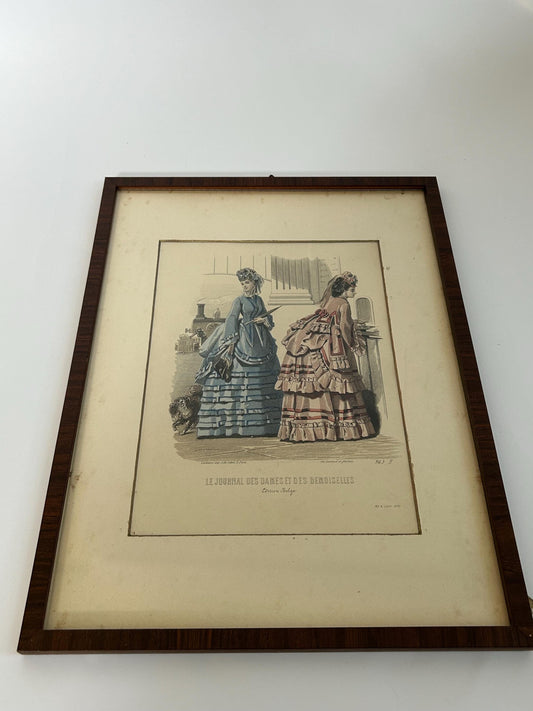 Antique 1870 French Fashion Plate, Train Station Scene, Hand Colored Engraving, Journal des Dames Edition Belge, Framed Victorian Art