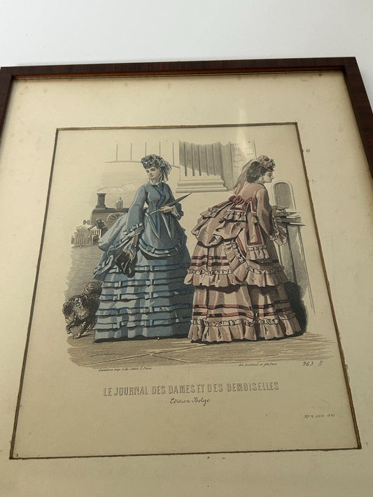 Antique 1870 French Fashion Plate, Train Station Scene, Hand Colored Engraving, Journal des Dames Edition Belge, Framed Victorian Art