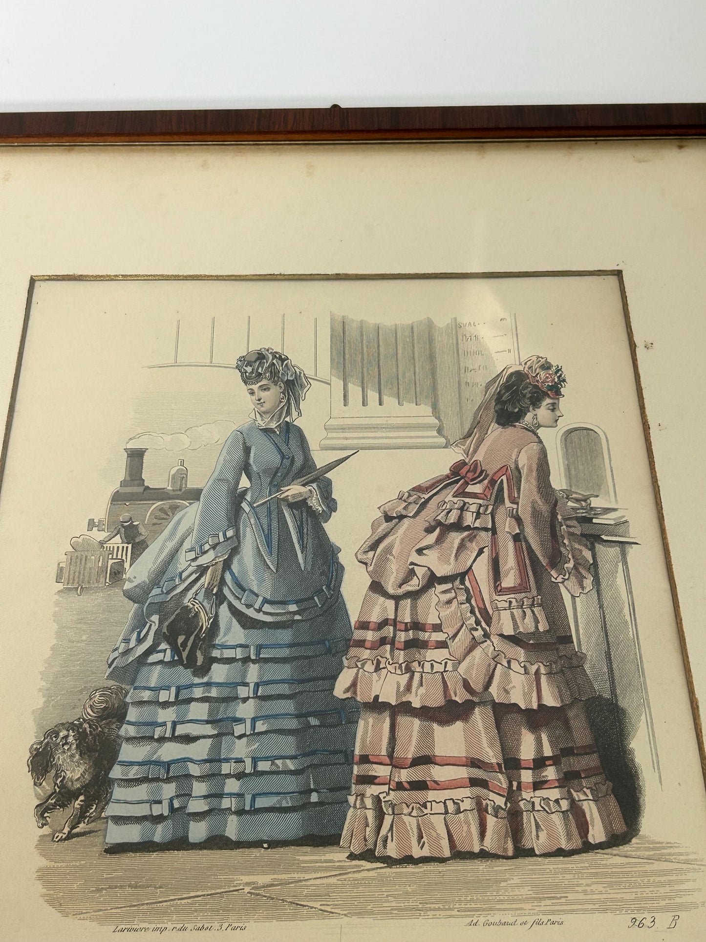 Antique 1870 French Fashion Plate, Train Station Scene, Hand Colored Engraving, Journal des Dames Edition Belge, Framed Victorian Art
