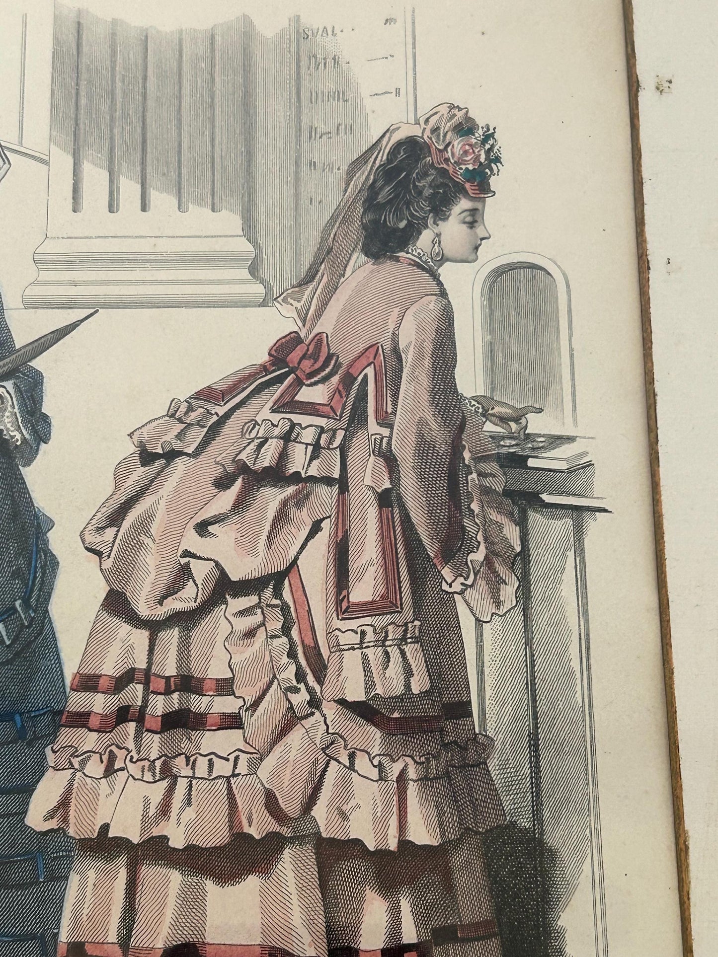 Antique 1870 French Fashion Plate, Train Station Scene, Hand Colored Engraving, Journal des Dames Edition Belge, Framed Victorian Art