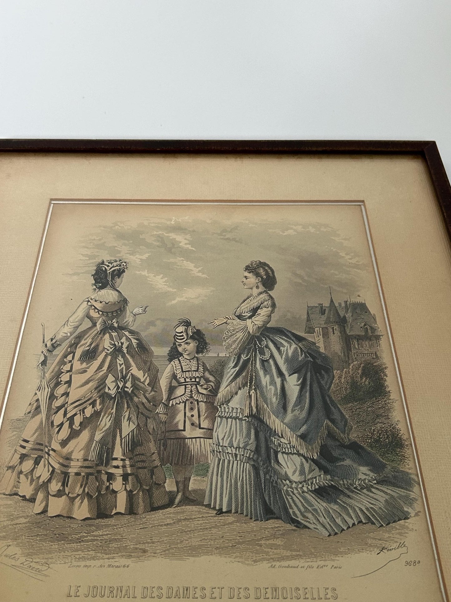 Antique 1870 Jules David Fashion Plate, Hand Colored Engraving, Mother Daughter Castle Scene, Journal des Dames Edition Belge, Framed