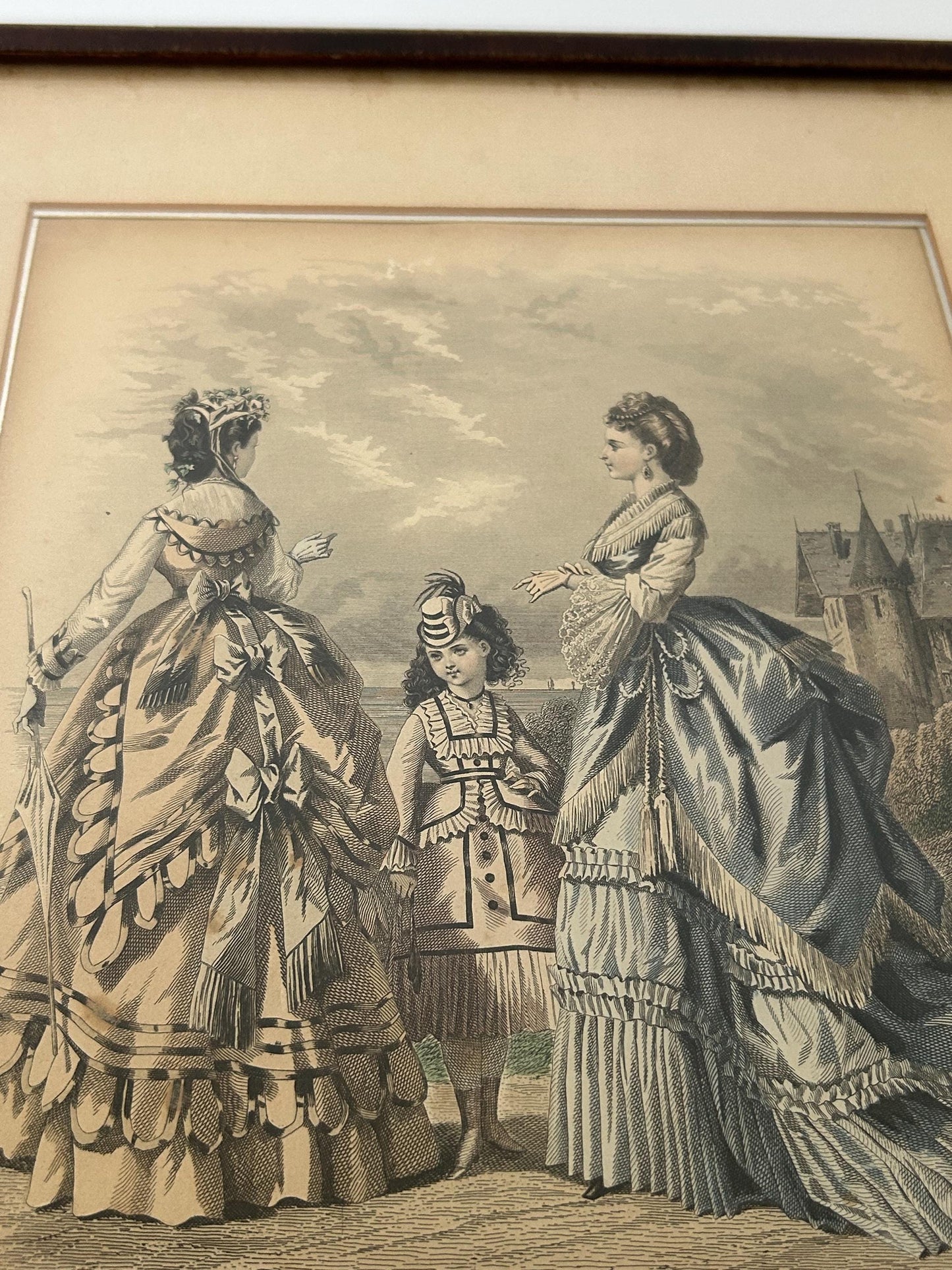 Antique 1870 Jules David Fashion Plate, Hand Colored Engraving, Mother Daughter Castle Scene, Journal des Dames Edition Belge, Framed