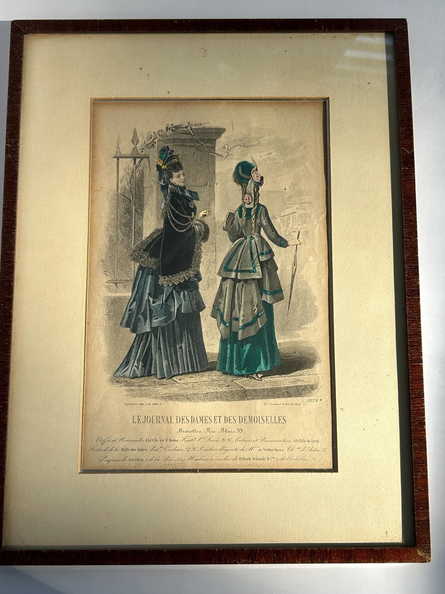 Antique 1874 French Fashion Plate, Hand Colored Engraving, Emerald Teal Polonaise, Journal des Dames Edition Belge, Framed Victorian Art