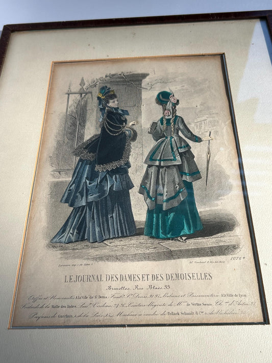 Antique 1874 French Fashion Plate, Hand Colored Engraving, Emerald Teal Polonaise, Journal des Dames Edition Belge, Framed Victorian Art