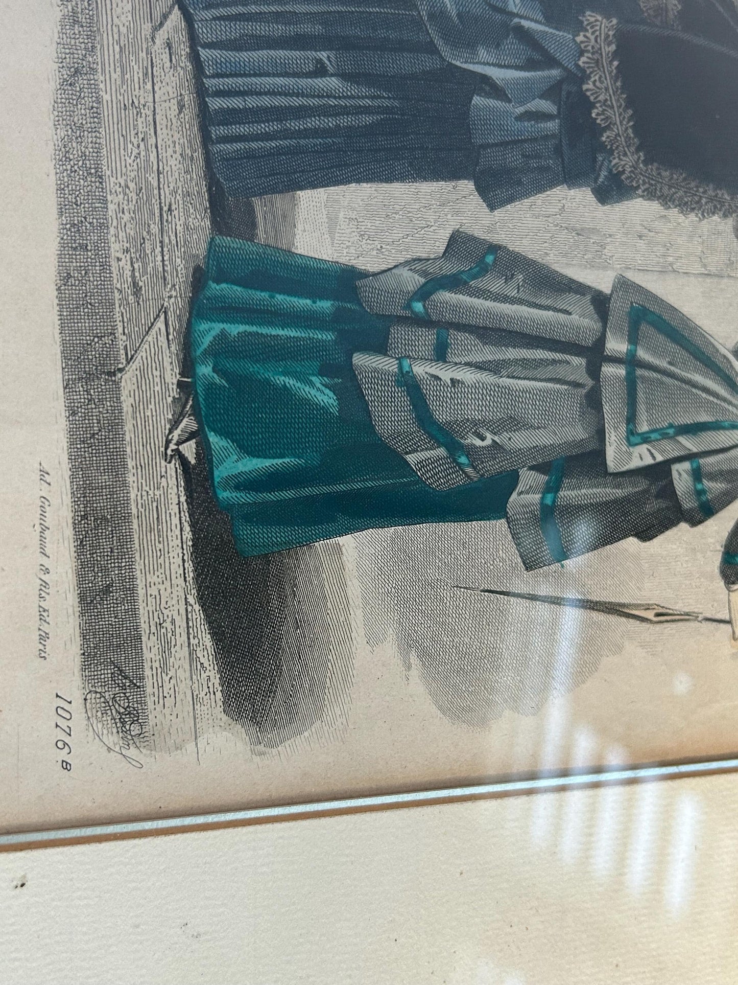 Antique 1874 French Fashion Plate, Hand Colored Engraving, Emerald Teal Polonaise, Journal des Dames Edition Belge, Framed Victorian Art