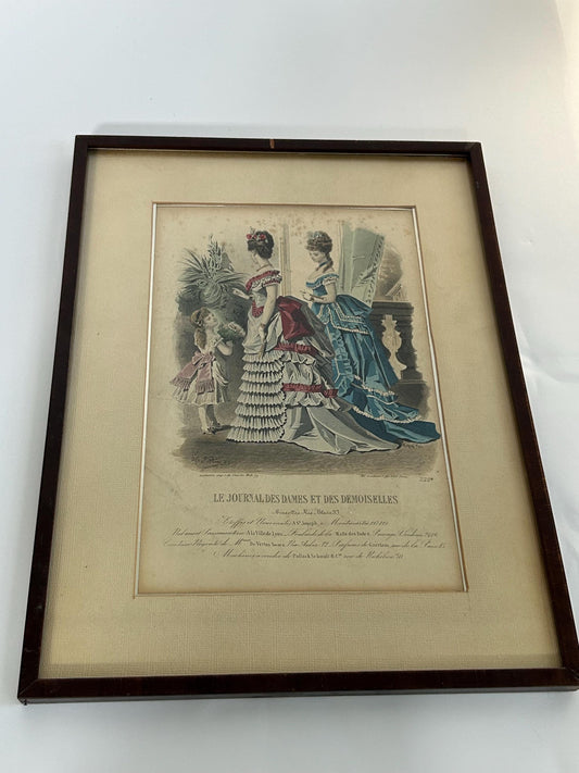 Antique 1873 French Fashion Plate Early Bustle Era Hand Colored Engraving Le Journal des Dames Framed Victorian Wall Art