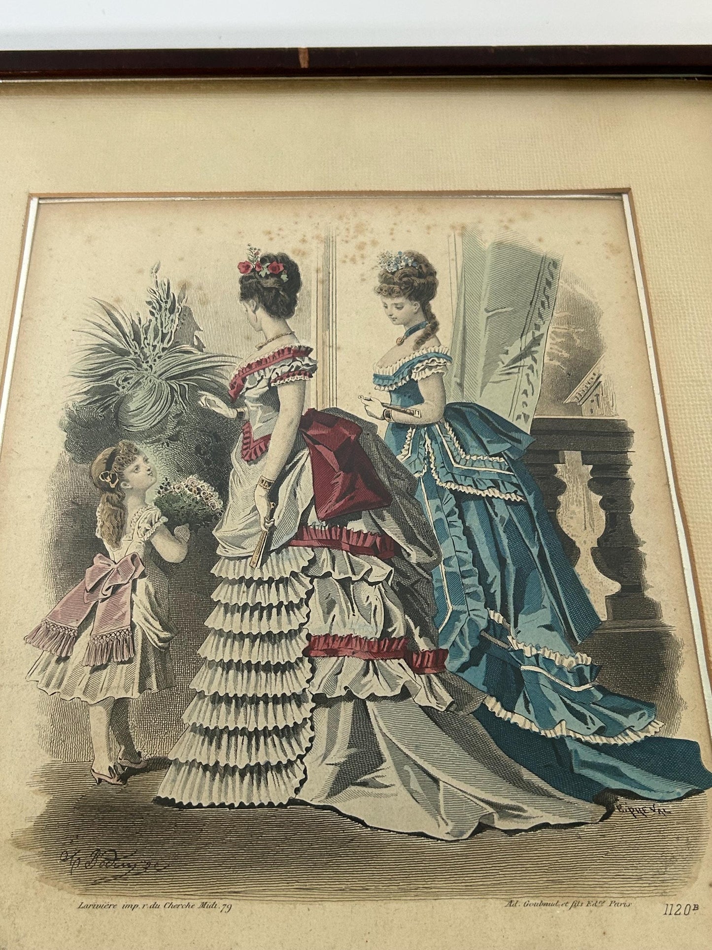 Antique 1873 French Fashion Plate Early Bustle Era Hand Colored Engraving Le Journal des Dames Framed Victorian Wall Art