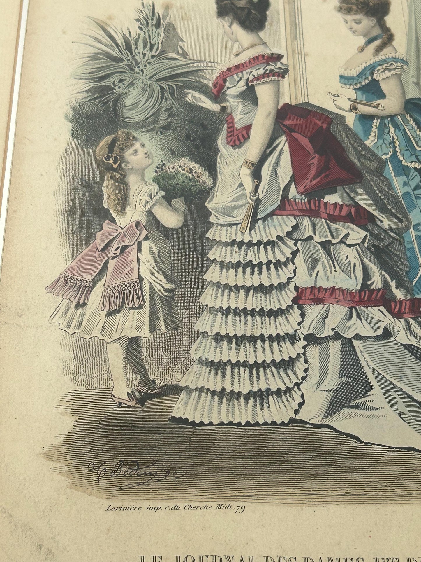 Antique 1873 French Fashion Plate Early Bustle Era Hand Colored Engraving Le Journal des Dames Framed Victorian Wall Art