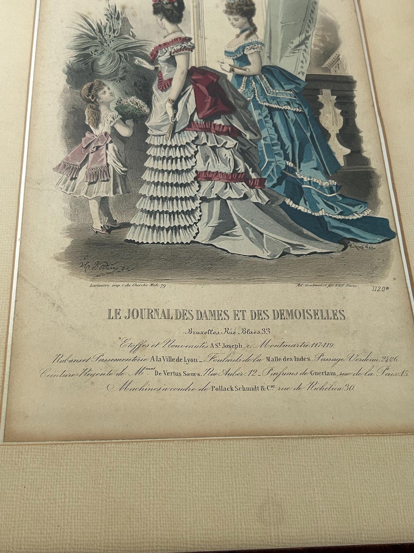 Antique 1873 French Fashion Plate Early Bustle Era Hand Colored Engraving Le Journal des Dames Framed Victorian Wall Art