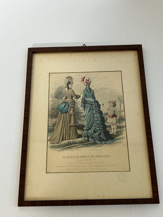 Antique 1875 Jules David Signed French Fashion Plate Hand Colored Engraving Le Journal des Dames Bustle Era Framed Wall Art
