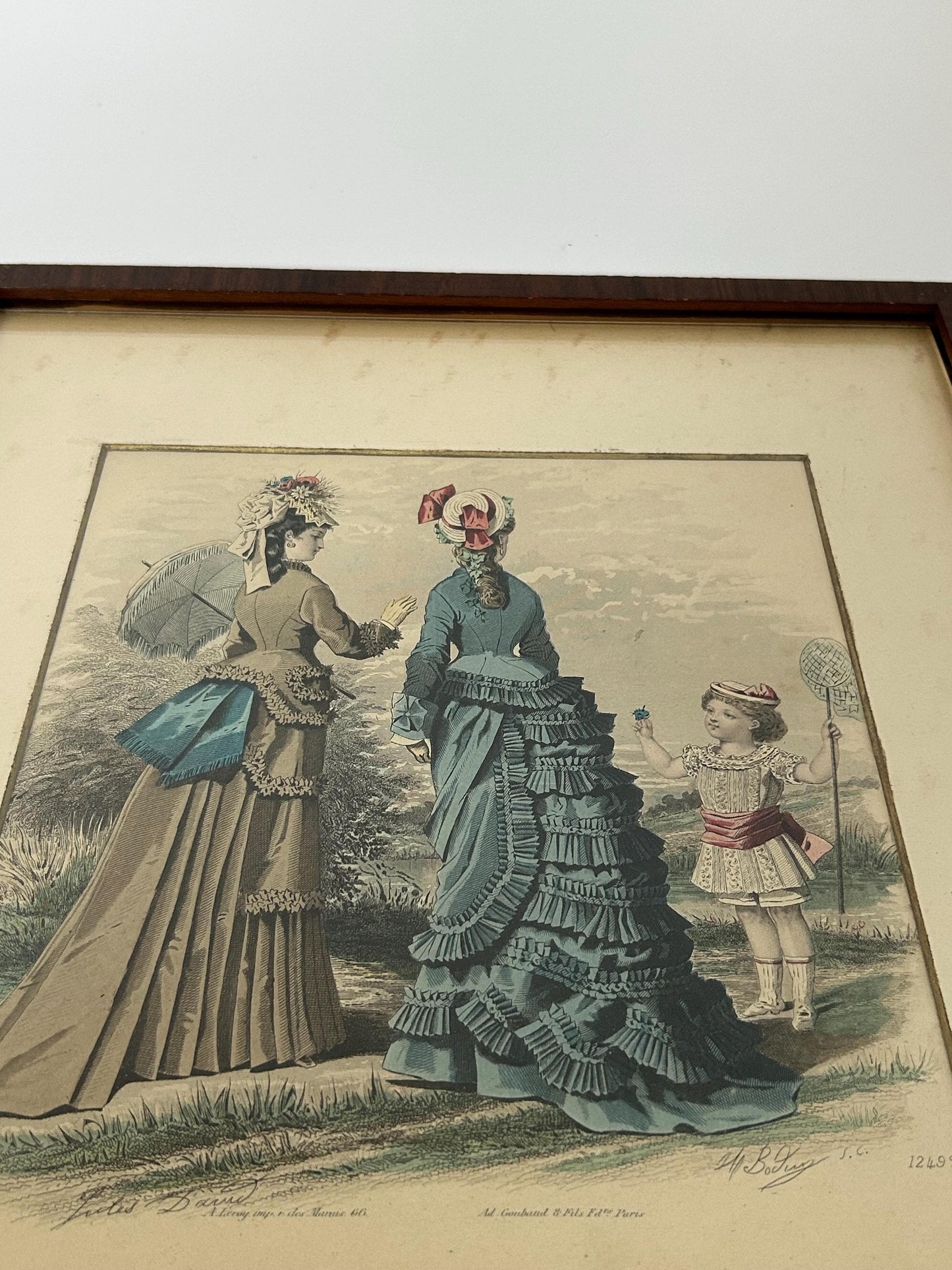 Antique 1875 Jules David Signed French Fashion Plate Hand Colored Engraving Le Journal des Dames Bustle Era Framed Wall Art