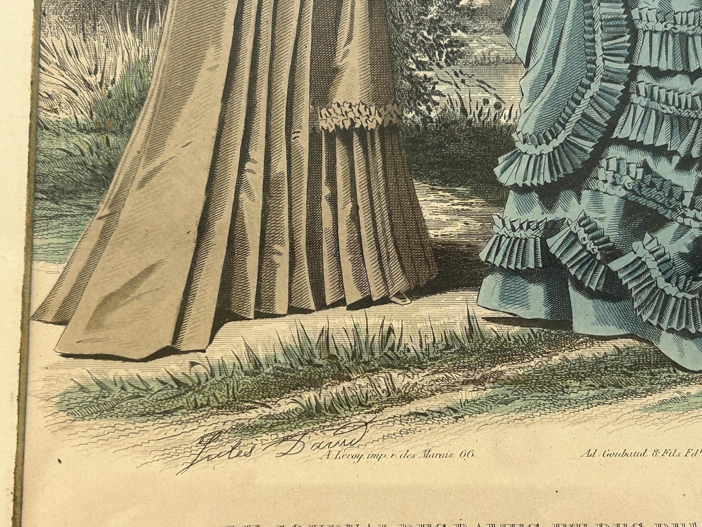 Antique 1875 Jules David Signed French Fashion Plate Hand Colored Engraving Le Journal des Dames Bustle Era Framed Wall Art