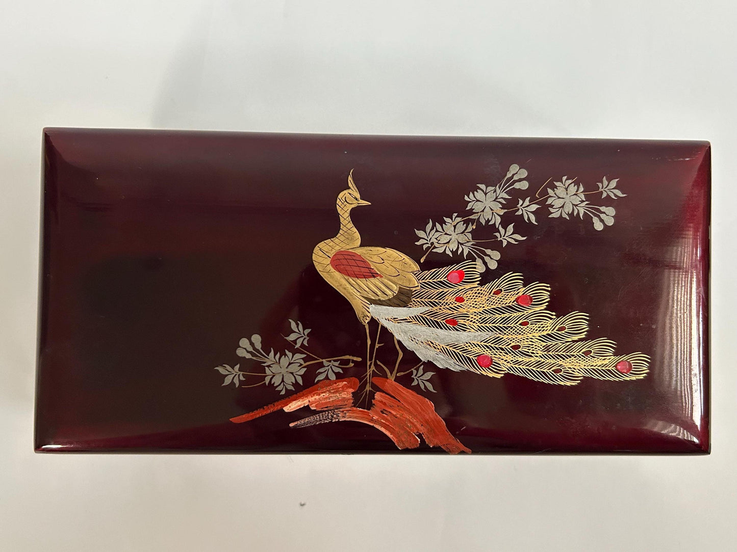 Vintage Minori Orgel Japanese Lacquer Jewelry Box, Maki-e Phoenix Design, Mid-Century Lidded Vanity Box