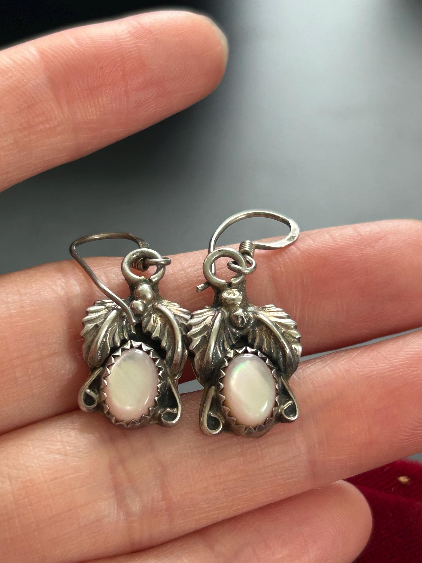 Vintage Navajo Style Mother of Pearl Sterling Silver Leaf Earrings