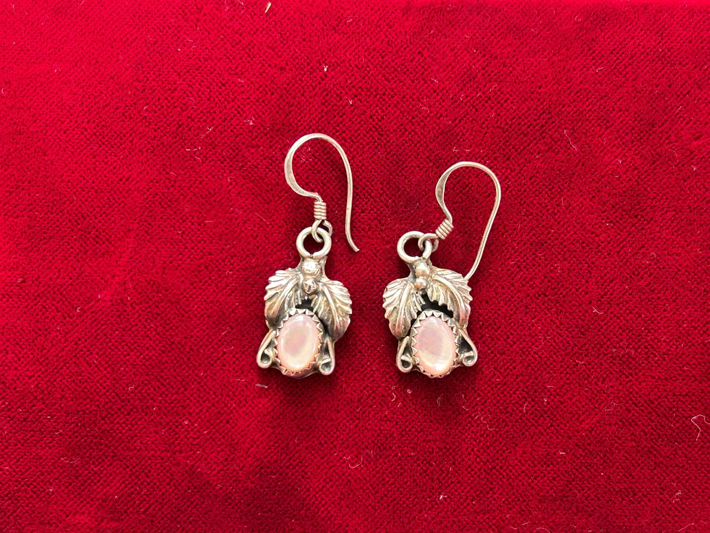 Vintage Navajo Style Mother of Pearl Sterling Silver Leaf Earrings