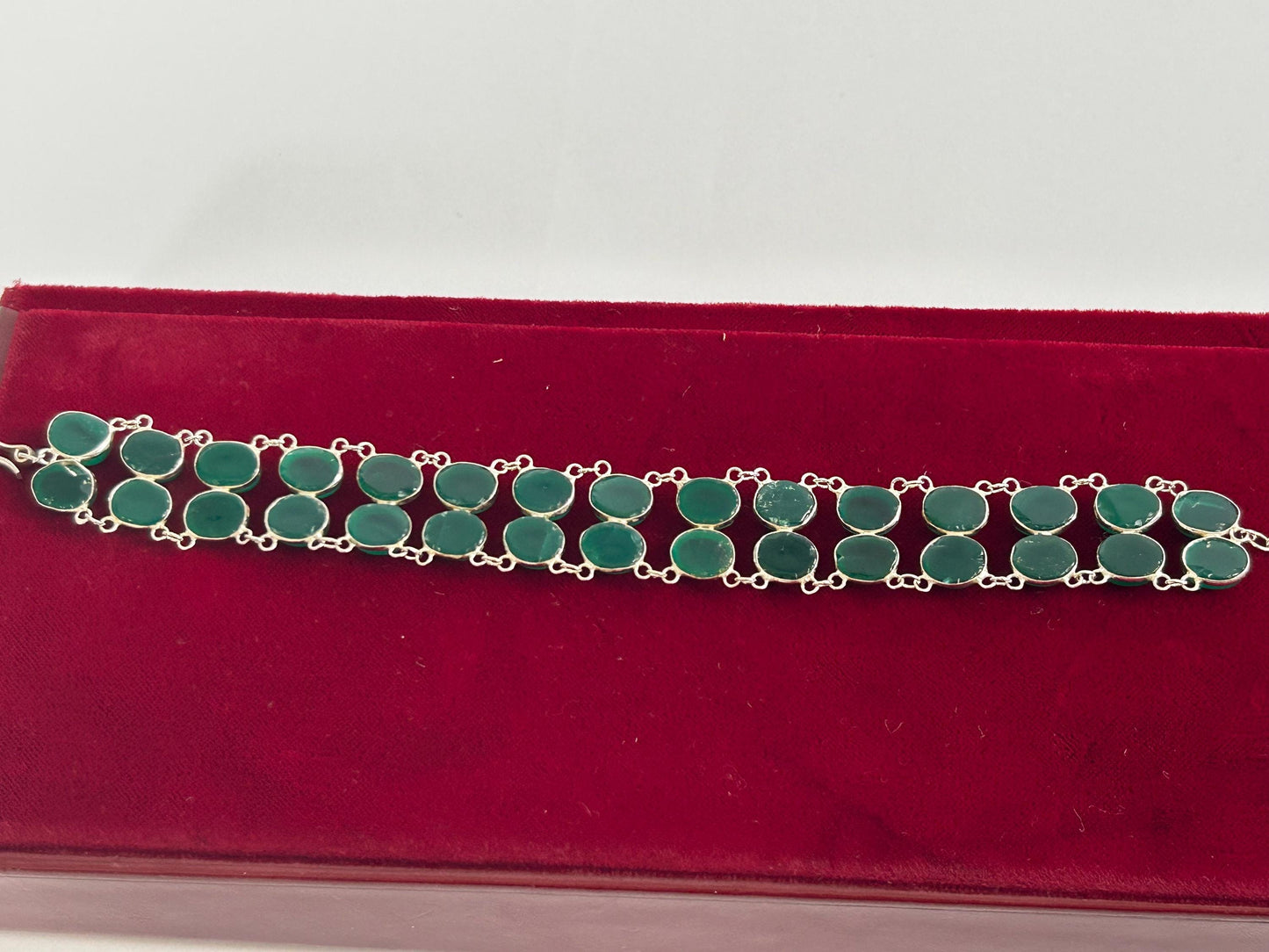 Green Onyx Sterling Silver Cabochon Bracelet, Double Row Statement