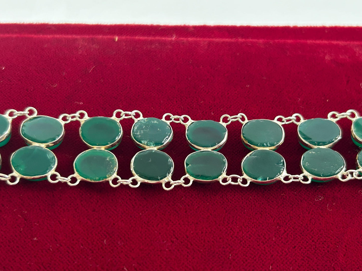 Green Onyx Sterling Silver Cabochon Bracelet, Double Row Statement