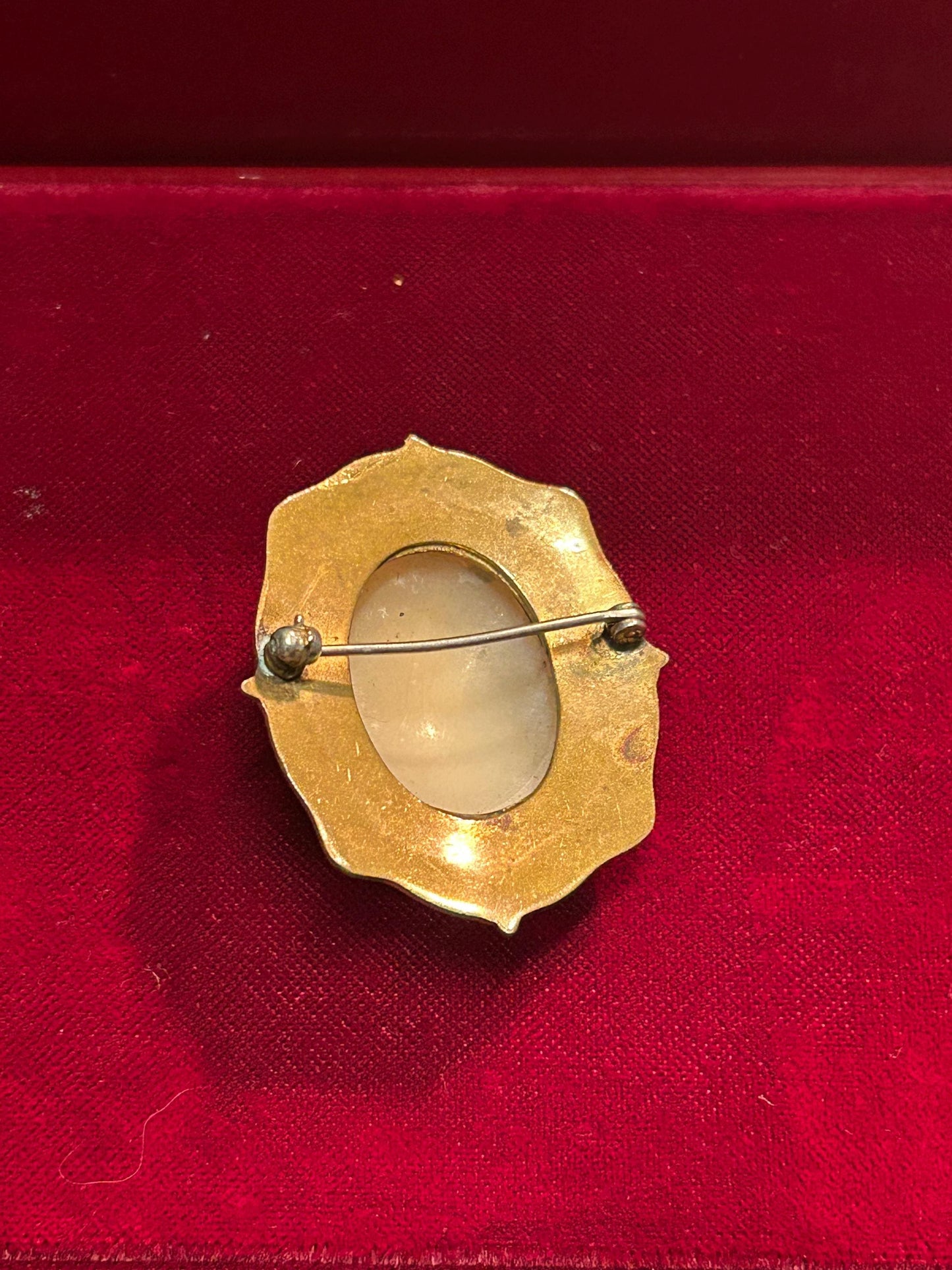 Antique Shell Cameo Brooch Praying Lady Brass Frame 1920s Victorian