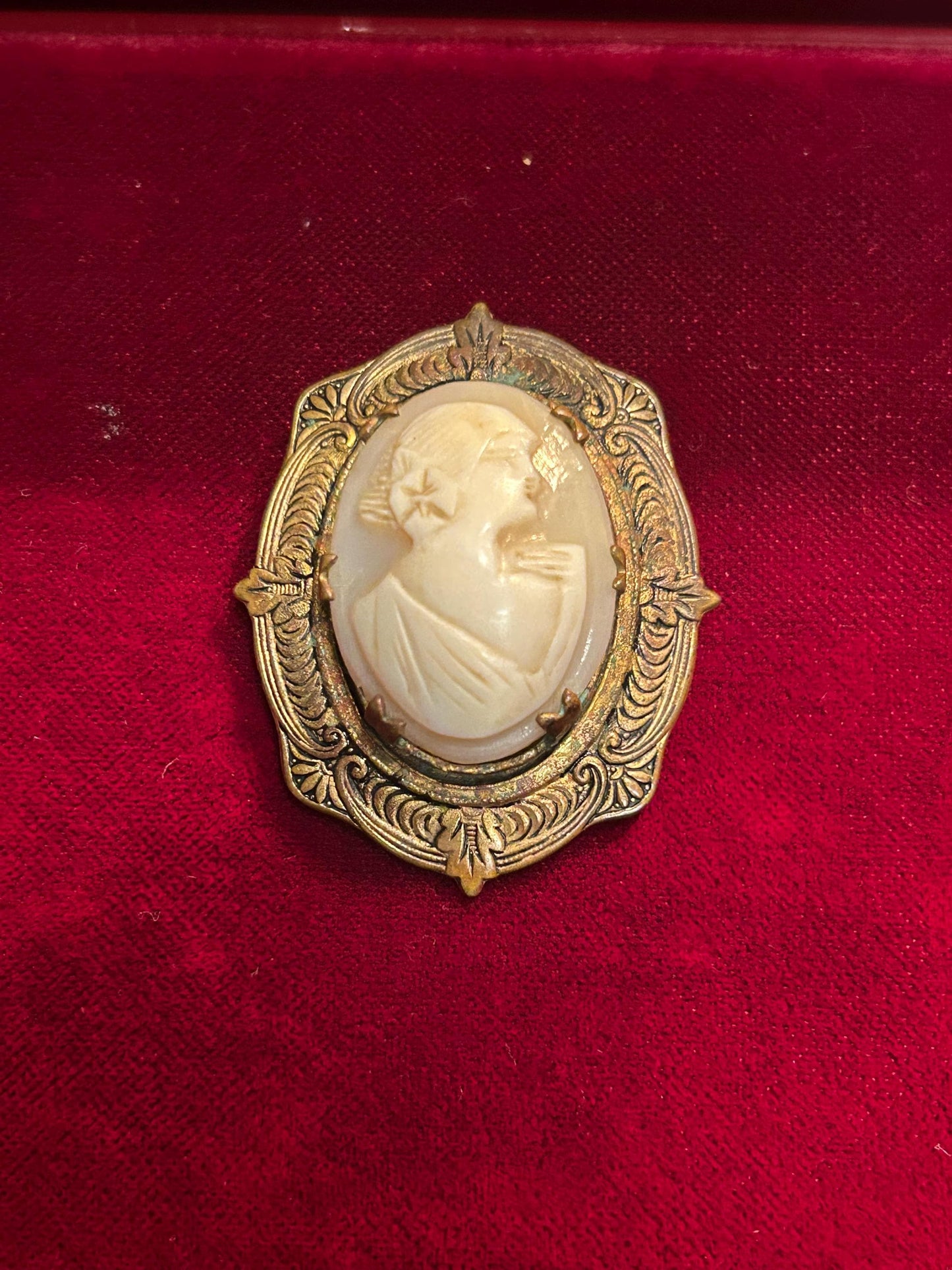 Antique Shell Cameo Brooch Praying Lady Brass Frame 1920s Victorian