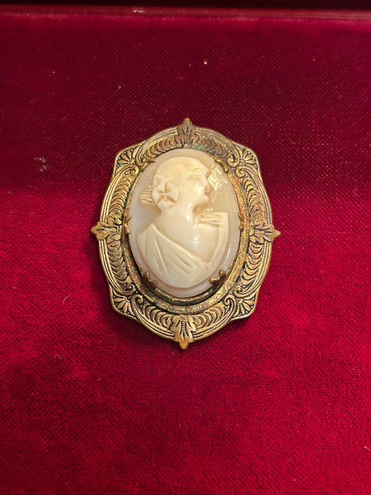Antique Shell Cameo Brooch Praying Lady Brass Frame 1920s Victorian
