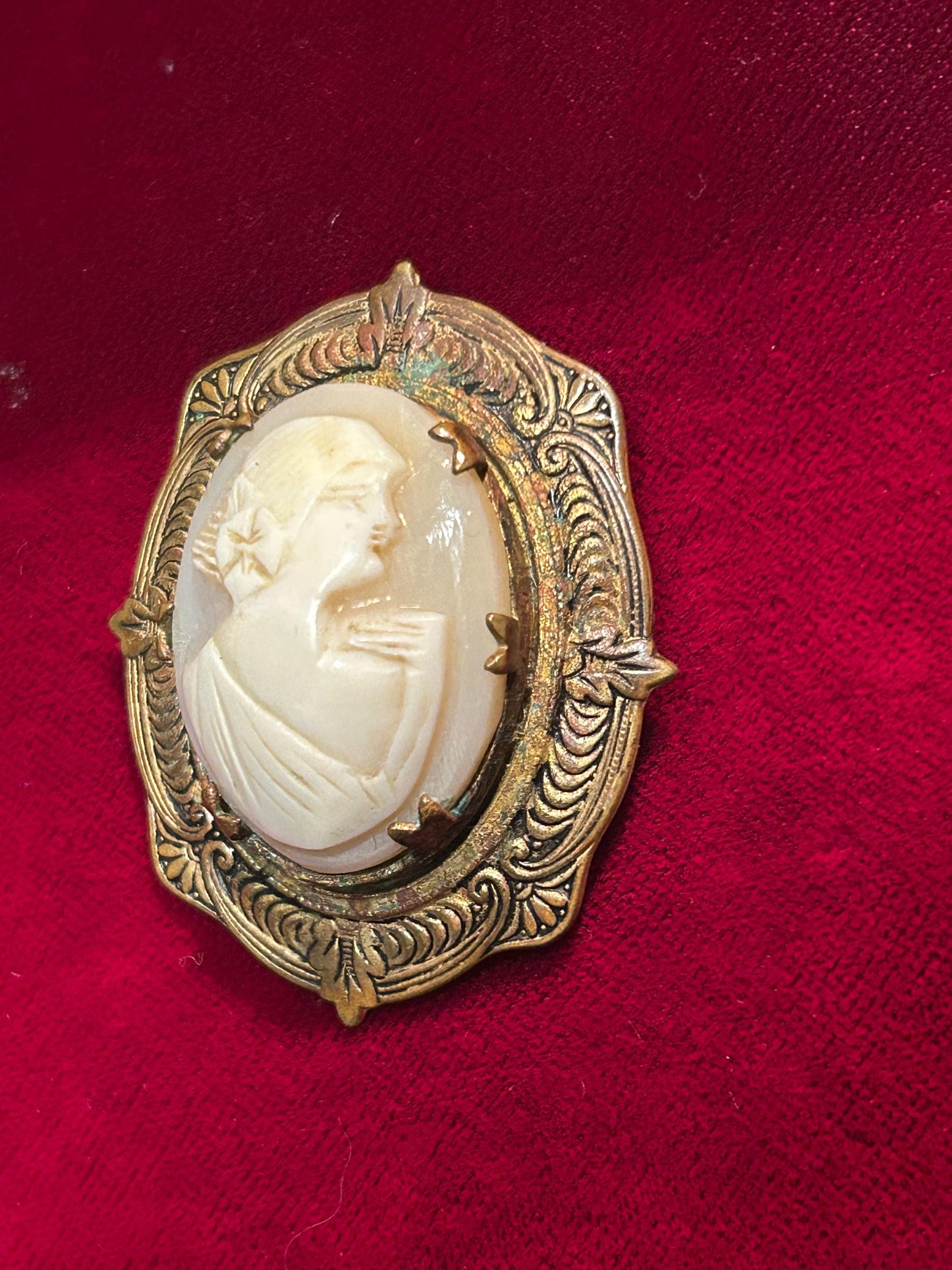 Antique Shell Cameo Brooch Praying Lady Brass Frame 1920s Victorian