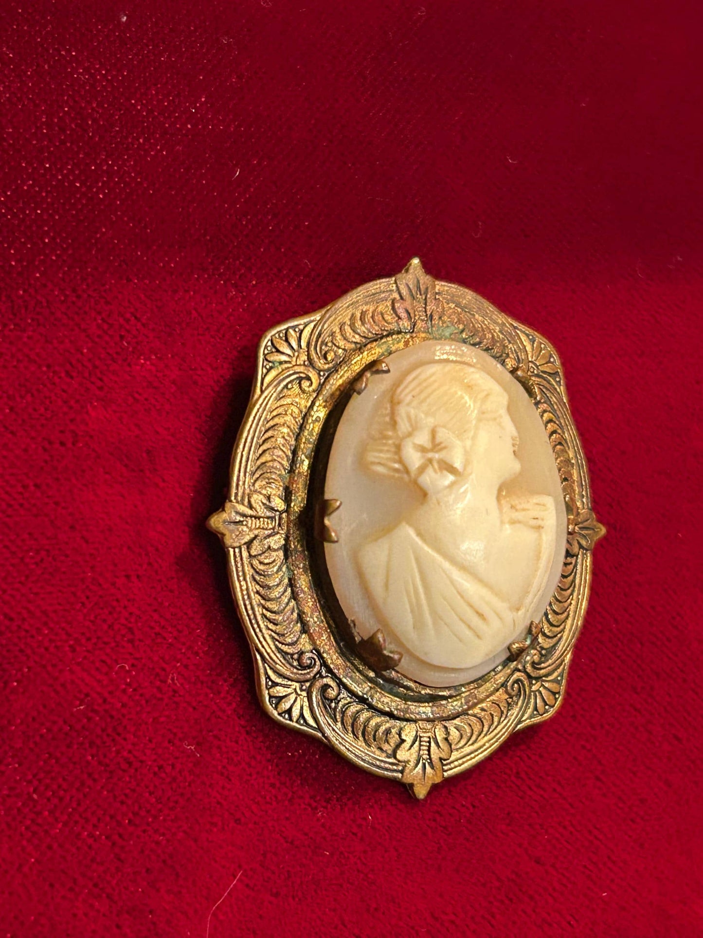 Antique Shell Cameo Brooch Praying Lady Brass Frame 1920s Victorian