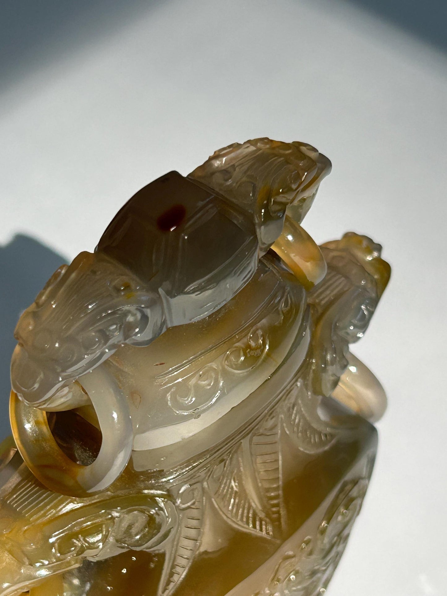 Antique Chinese Carved Agate Covered Vase w/ 13-Link Integral Chain | Late Qing to Republic | Dragon Handles | AS-IS w/ Restoration