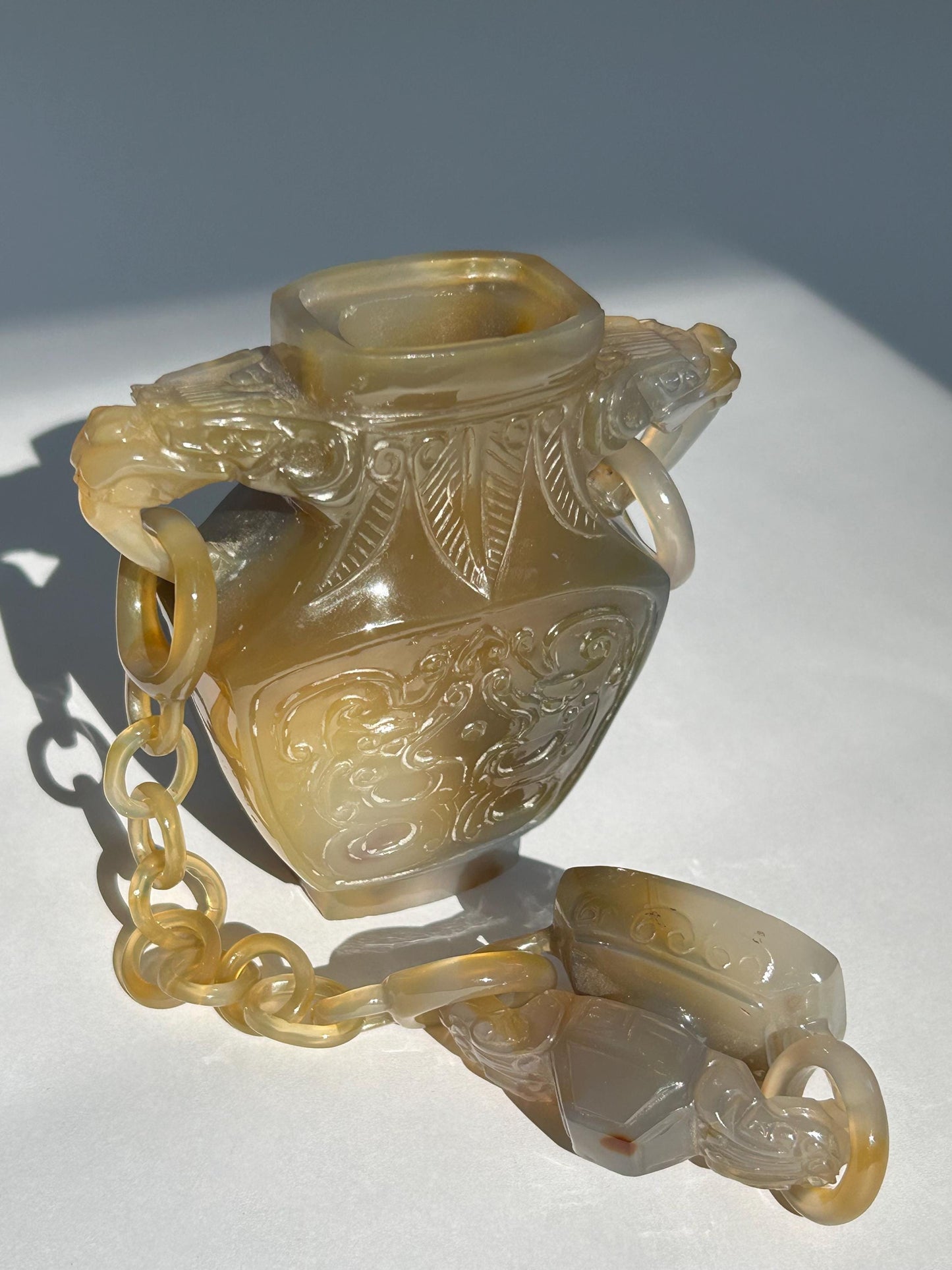 Antique Chinese Carved Agate Covered Vase w/ 13-Link Integral Chain | Late Qing to Republic | Dragon Handles | AS-IS w/ Restoration